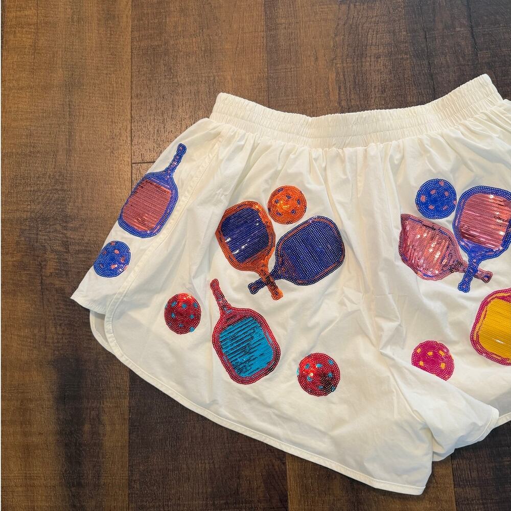 Queen of Sparkle Pickleball Sequin Athletic Running Shorts White Size Medium - Picture 6 of 10
